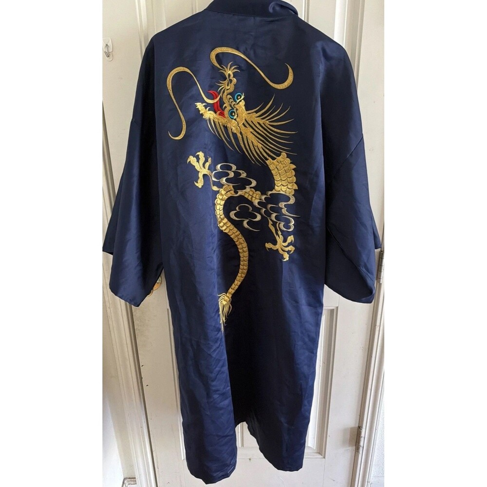 Japanese Kimono Robe Embroidered Dragon Navy Blue Satin Length 45” OS